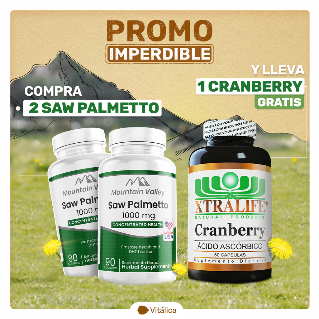 PROMO | DOS (2) SAW PALMETTO MOUNTAIN VALLEY (1000MCG) X 90 CAPS | 1 CRANBERRY XTRALIFEX 60 CAPS GRATIS