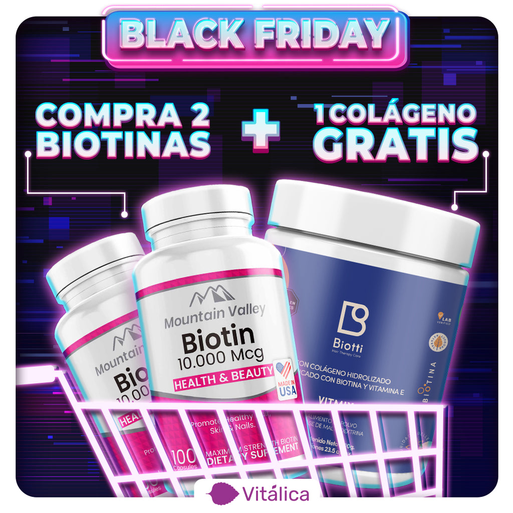 PROMO | DOS (2) BIOTINA MOUNTAIN (10.000MCG) X 100 CAPS | COLAGENO HYDROLIZADO EN POLVO 400GR GRATIS