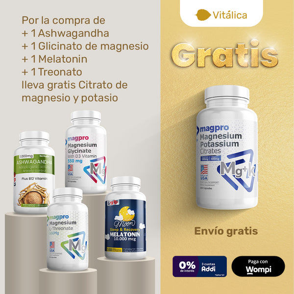 Oferta Ashwagandha + Glicinato de magnesio + Melatonina + L Treonato Lleva Gratis Citrato Magnesio + Potasio