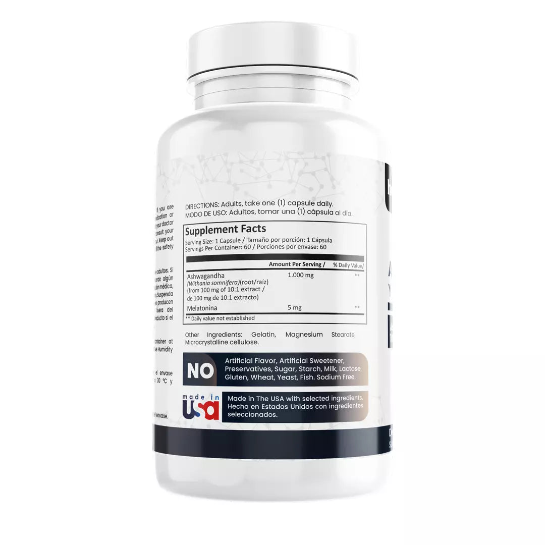 Ashwagandha y Melatonina 1000mg, 60 cápsulas
