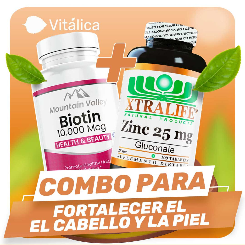 COMBO PARA FORTALECER EL CABELLO Y LA PIEL Biotina Mountain + Zinc x 100
